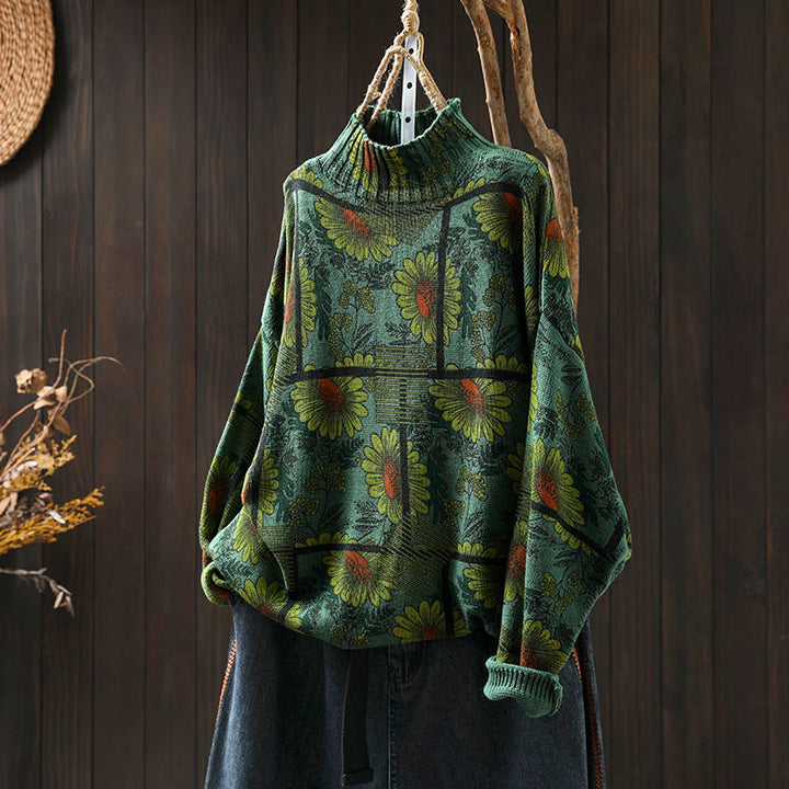 Buddha Stones -Sonnenblumenmuster-Baumwollpullover mit Stehkragen und langen Ärmeln für Damen - SeaGreen - US4-8/10, UK/AU8-12/14, EU36-40/42 (F) - image 15