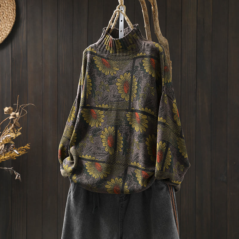 Buddha Stones -Sonnenblumenmuster-Baumwollpullover mit Stehkragen und langen Ärmeln für Damen - Kastanienbraun - US4-8/10, UK/AU8-12/14, EU36-40/42 (F) - image 17