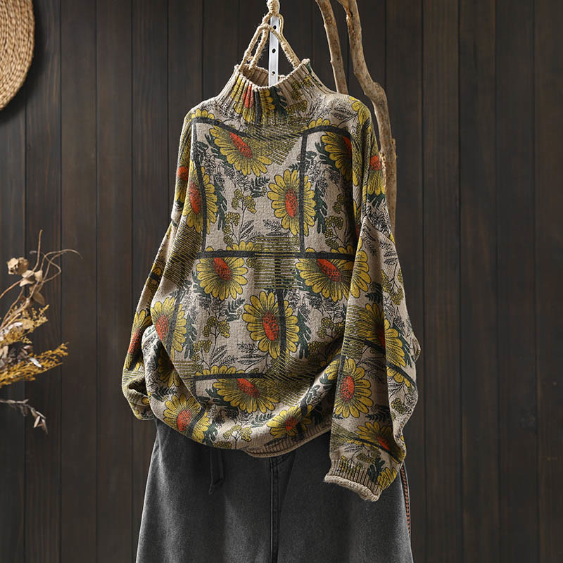 Buddha Stones -Sonnenblumenmuster-Baumwollpullover mit Stehkragen und langen Ärmeln für Damen - Leinen - US4-8/10, UK/AU8-12/14, EU36-40/42 (F) - image 0