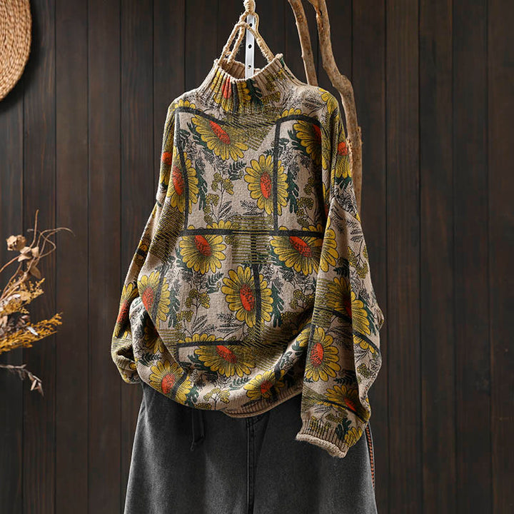 Buddha Stones -Sonnenblumenmuster-Baumwollpullover mit Stehkragen und langen Ärmeln für Damen - Leinen - US4-8/10, UK/AU8-12/14, EU36-40/42 (F) - image 0