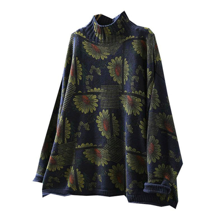Buddha Stones -Sonnenblumenmuster-Baumwollpullover mit Stehkragen und langen Ärmeln für Damen - image 12