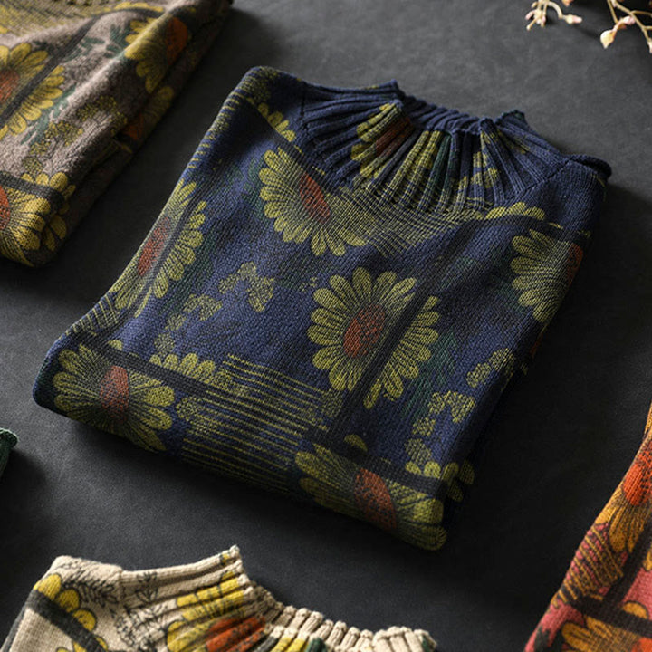 Buddha Stones -Sonnenblumenmuster-Baumwollpullover mit Stehkragen und langen Ärmeln für Damen - image 6