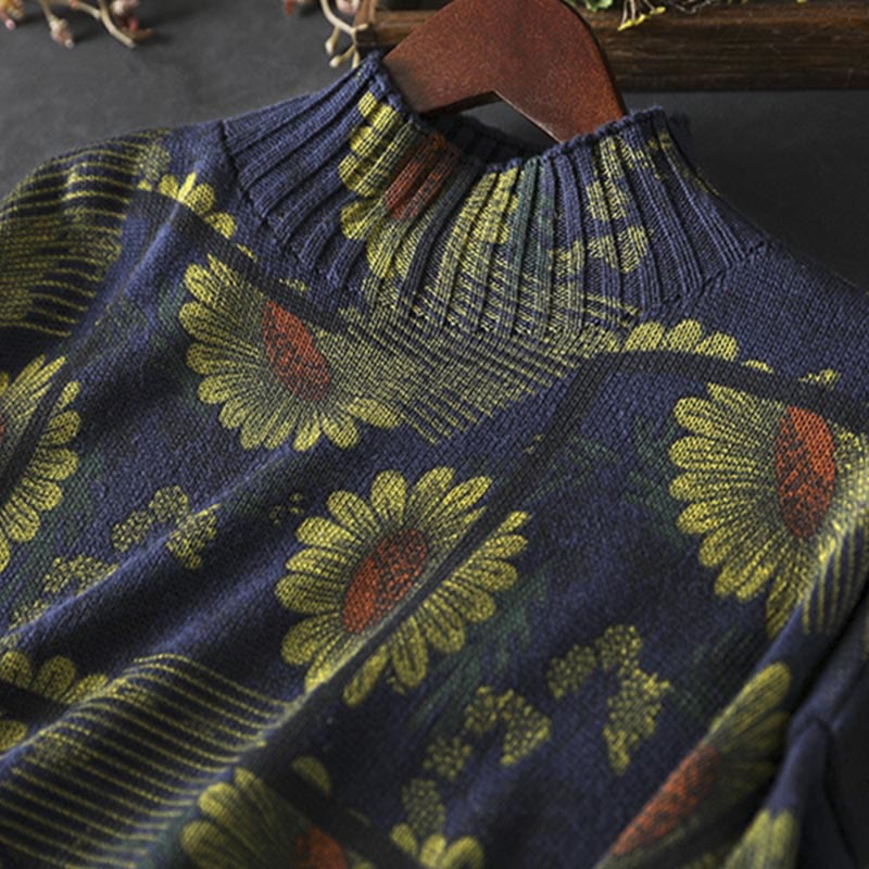 Buddha Stones -Sonnenblumenmuster-Baumwollpullover mit Stehkragen und langen Ärmeln für Damen - image 7