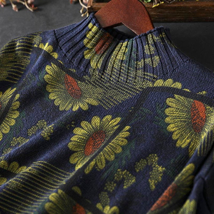 Buddha Stones -Sonnenblumenmuster-Baumwollpullover mit Stehkragen und langen Ärmeln für Damen - image 7