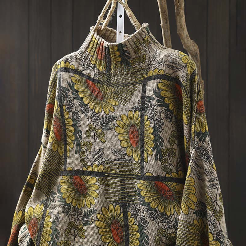 Buddha Stones -Sonnenblumenmuster-Baumwollpullover mit Stehkragen und langen Ärmeln für Damen - image 1