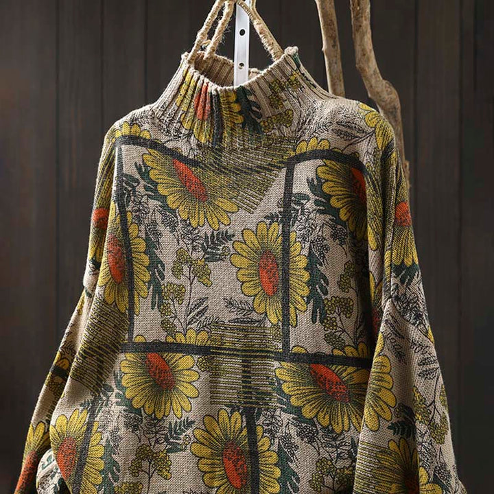 Buddha Stones -Sonnenblumenmuster-Baumwollpullover mit Stehkragen und langen Ärmeln für Damen - image 1