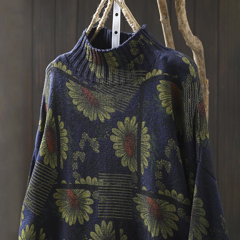 Buddha Stones -Sonnenblumenmuster-Baumwollpullover mit Stehkragen und langen Ärmeln für Damen - image 4