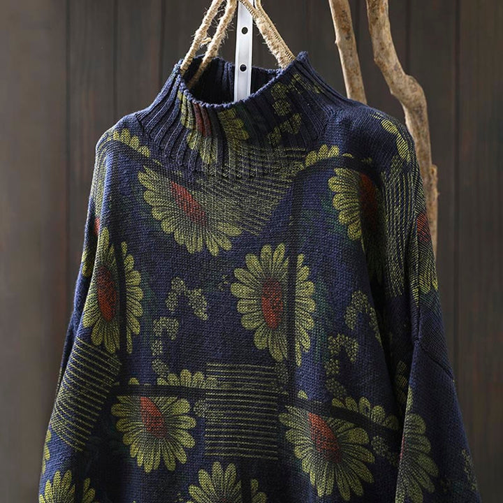 Buddha Stones -Sonnenblumenmuster-Baumwollpullover mit Stehkragen und langen Ärmeln für Damen - image 4