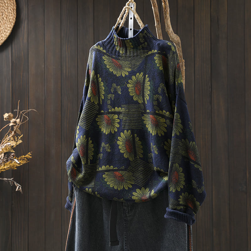 Buddha Stones -Sonnenblumenmuster-Baumwollpullover mit Stehkragen und langen Ärmeln für Damen - Mitternachtsblau - US4-8/10, UK/AU8-12/14, EU36-40/42 (F) - image 2