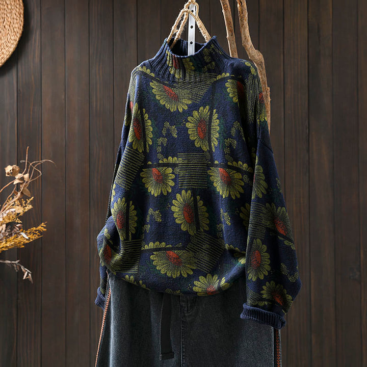 Buddha Stones -Sonnenblumenmuster-Baumwollpullover mit Stehkragen und langen Ärmeln für Damen - Mitternachtsblau - US4-8/10, UK/AU8-12/14, EU36-40/42 (F) - image 2