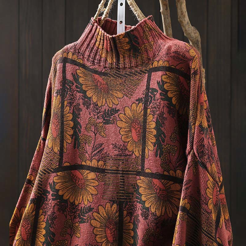 Buddha Stones -Sonnenblumenmuster-Baumwollpullover mit Stehkragen und langen Ärmeln für Damen - image 14