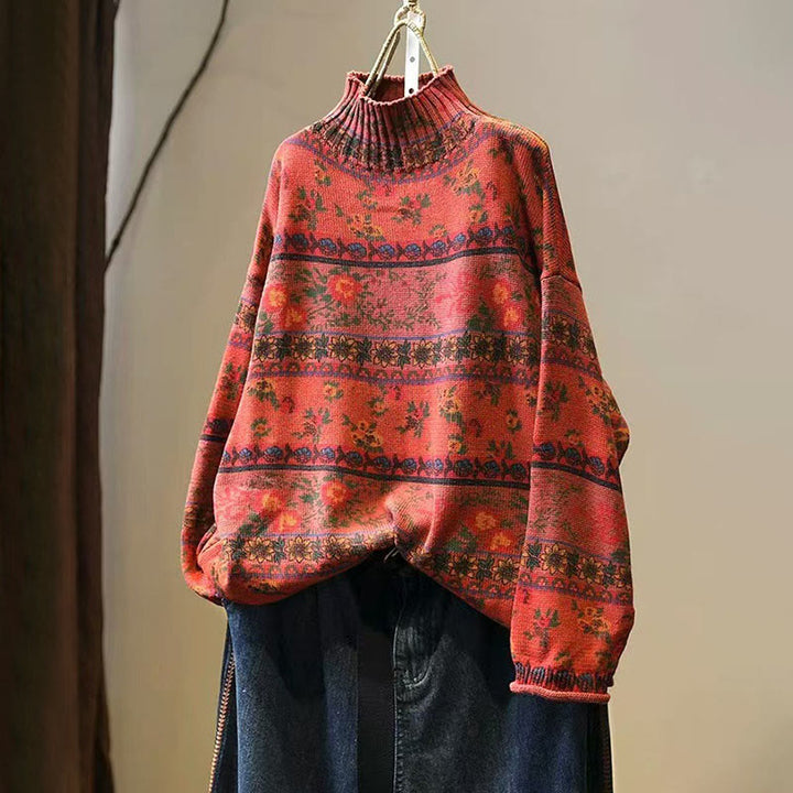 Buddha Stones Winterlicher Damen-Baumwollpullover mit Farbblock-Blumenmuster, Stehkragen und langen Ärmeln - Orangerot - US4-6, UK/AU8-10, EU36-38 (F) - image 13
