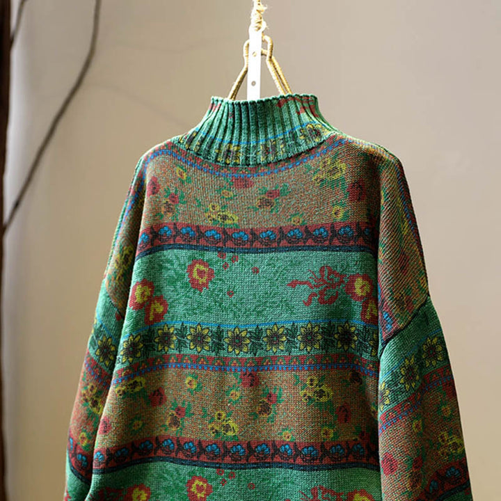 Buddha Stones Winterlicher Damen-Baumwollpullover mit Farbblock-Blumenmuster, Stehkragen und langen Ärmeln - image 5