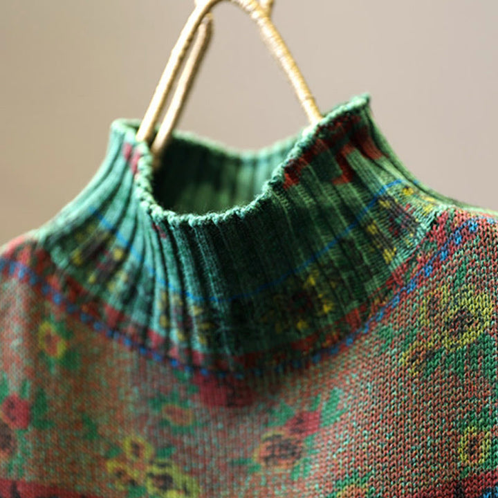 Buddha Stones Winterlicher Damen-Baumwollpullover mit Farbblock-Blumenmuster, Stehkragen und langen Ärmeln - image 6