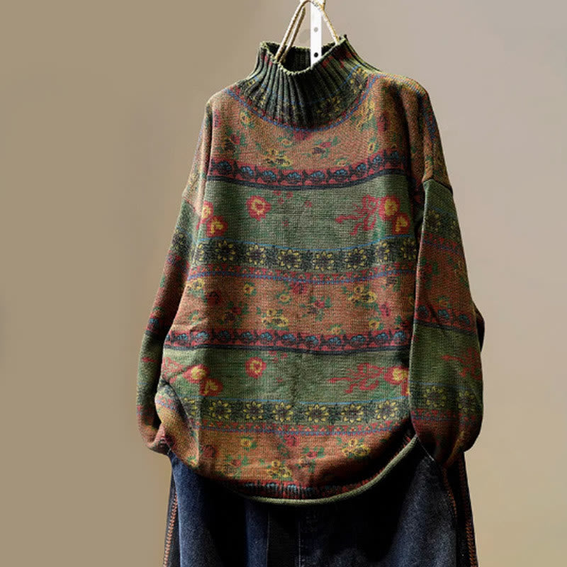 Buddha Stones Winterlicher Damen-Baumwollpullover mit Farbblock-Blumenmuster, Stehkragen und langen Ärmeln - Dunkelolivgrün - US4-6, UK/AU8-10, EU36-38 (F) - image 15