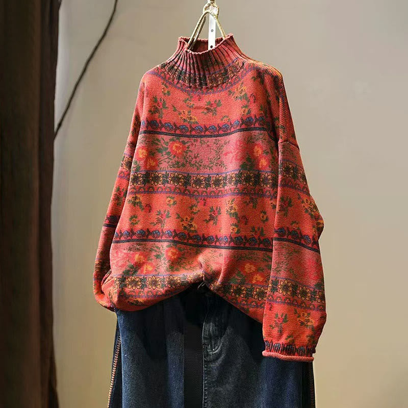 Buddha Stones Winterlicher Damen-Baumwollpullover mit Farbblock-Blumenmuster, Stehkragen und langen Ärmeln - Orangerot - US4-6, UK/AU8-10, EU36-38 (F) - image 13