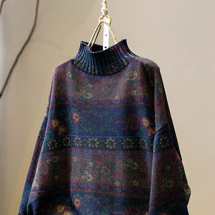 Buddha Stones Winterlicher Damen-Baumwollpullover mit Farbblock-Blumenmuster, Stehkragen und langen Ärmeln - image 12