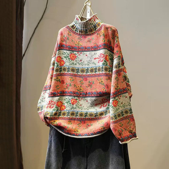 Buddha Stones Winterlicher Damen-Baumwollpullover mit Farbblock-Blumenmuster, Stehkragen und langen Ärmeln - Koralle - US4-6, UK/AU8-10, EU36-38 (F) - image 0