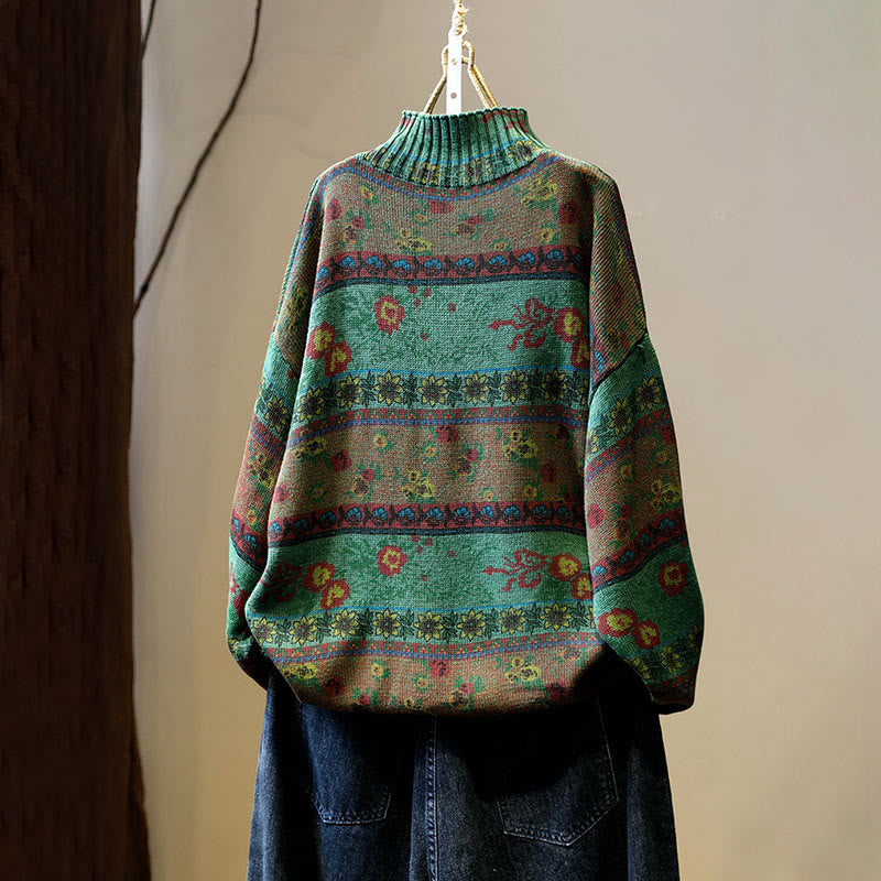 Buddha Stones Winterlicher Damen-Baumwollpullover mit Farbblock-Blumenmuster, Stehkragen und langen Ärmeln - image 3