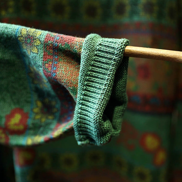 Buddha Stones Winterlicher Damen-Baumwollpullover mit Farbblock-Blumenmuster, Stehkragen und langen Ärmeln - image 9