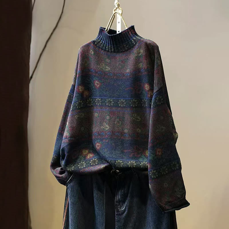 Buddha Stones Winterlicher Damen-Baumwollpullover mit Farbblock-Blumenmuster, Stehkragen und langen Ärmeln - Mitternachtsblau - US4-6, UK/AU8-10, EU36-38 (F) - image 11