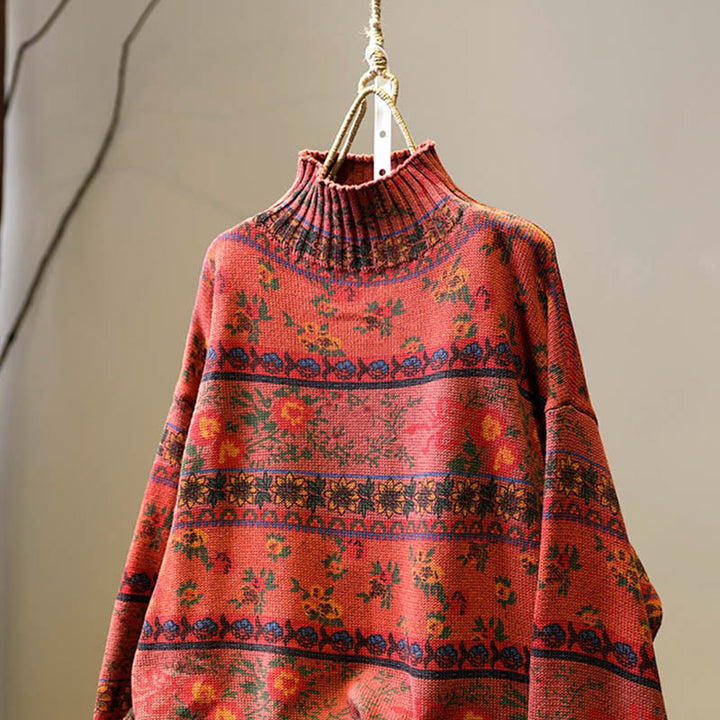 Buddha Stones Winterlicher Damen-Baumwollpullover mit Farbblock-Blumenmuster, Stehkragen und langen Ärmeln - image 14