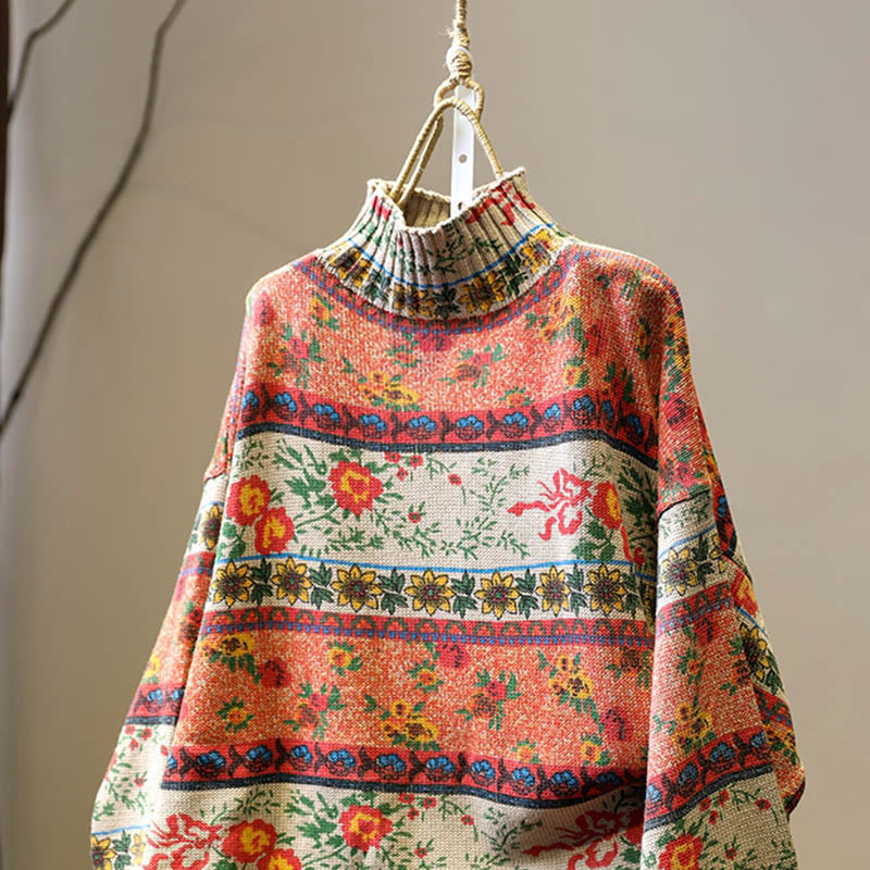 Buddha Stones Winterlicher Damen-Baumwollpullover mit Farbblock-Blumenmuster, Stehkragen und langen Ärmeln - image 1