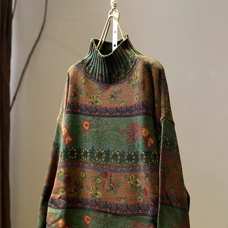 Buddha Stones Winterlicher Damen-Baumwollpullover mit Farbblock-Blumenmuster, Stehkragen und langen Ärmeln - image 16