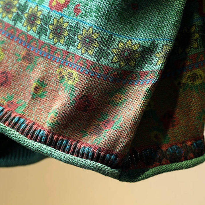 Buddha Stones Winterlicher Damen-Baumwollpullover mit Farbblock-Blumenmuster, Stehkragen und langen Ärmeln - image 10