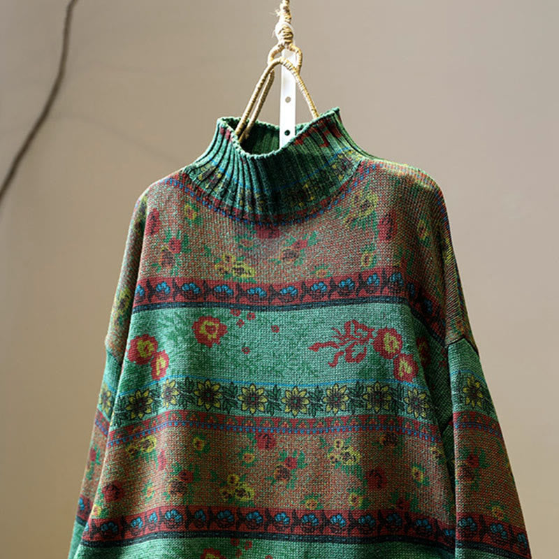 Buddha Stones Winterlicher Damen-Baumwollpullover mit Farbblock-Blumenmuster, Stehkragen und langen Ärmeln - image 4