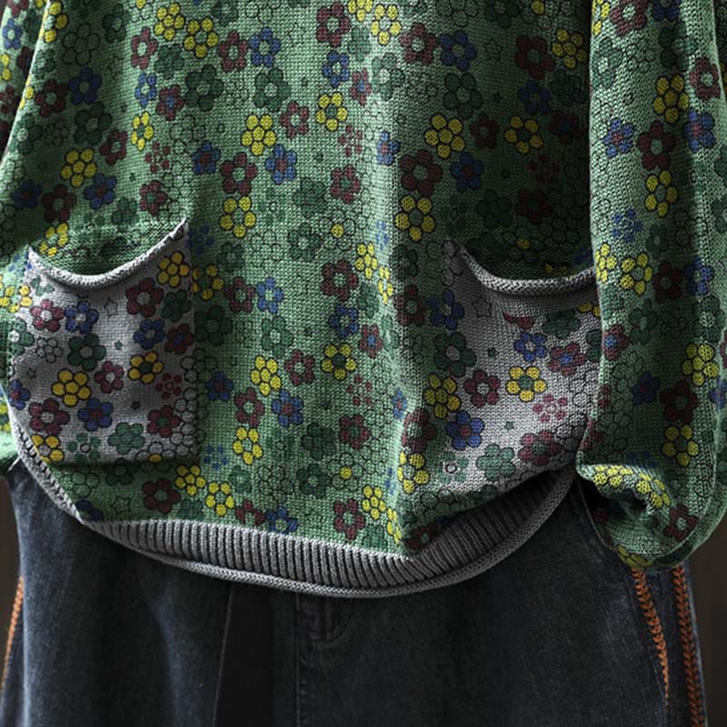 Strickpullover aus Baumwolle mit Buddha Stones, buntem Blumenmuster, langen Ärmeln und Taschen für Damen - image 7