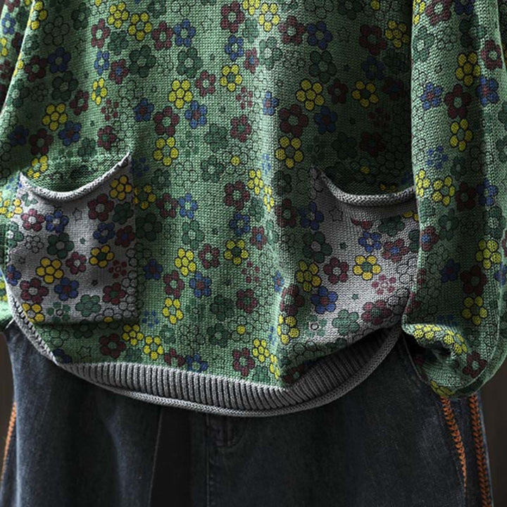 Strickpullover aus Baumwolle mit Buddha Stones, buntem Blumenmuster, langen Ärmeln und Taschen für Damen - image 7