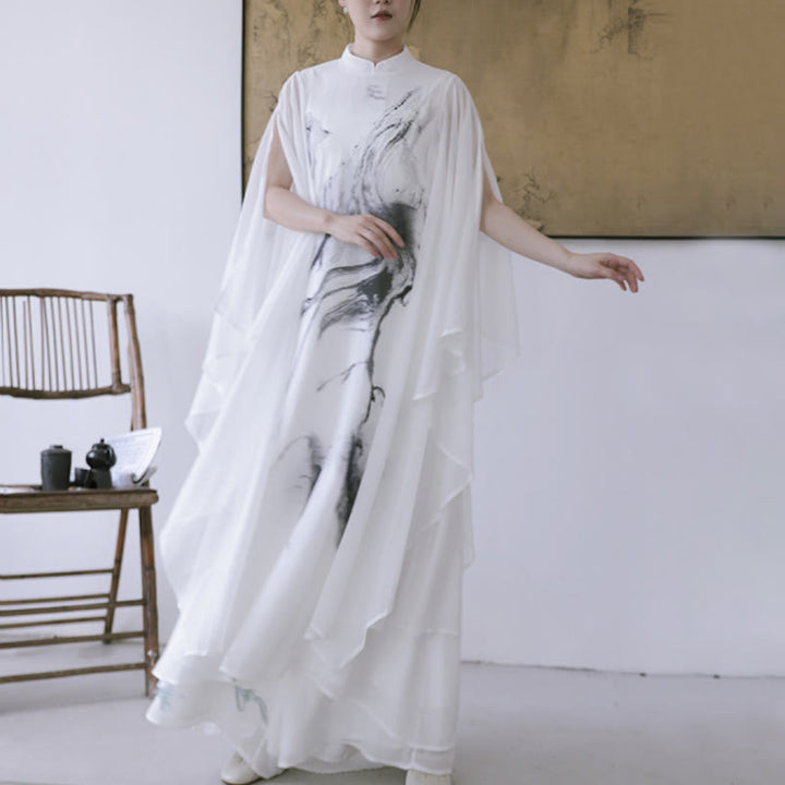 Buddha Stones -Print, weiße Tinte, Kurzarm-Meditationskleid für Damen, Midi-Länge, Zen-Kleidung - image 1