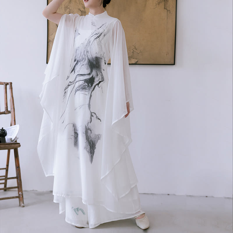 Buddha Stones -Print, weiße Tinte, Kurzarm-Meditationskleid für Damen, Midi-Länge, Zen-Kleidung - image 8