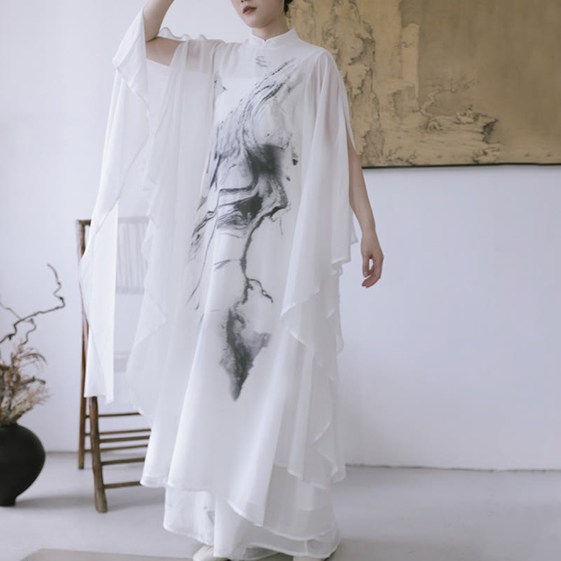 Buddha Stones -Print, weiße Tinte, Kurzarm-Meditationskleid für Damen, Midi-Länge, Zen-Kleidung - image 9