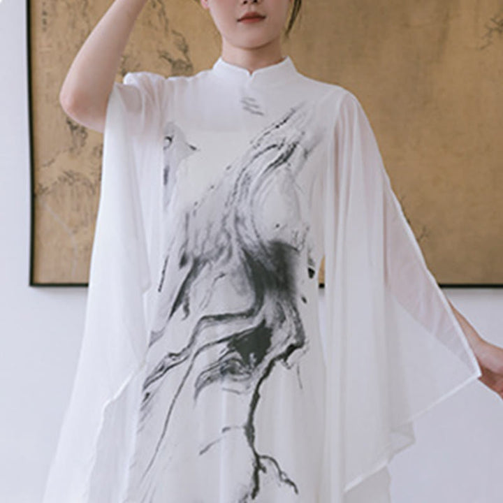 Buddha Stones -Print, weiße Tinte, Kurzarm-Meditationskleid für Damen, Midi-Länge, Zen-Kleidung - image 11