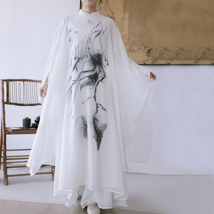 Buddha Stones -Print, weiße Tinte, Kurzarm-Meditationskleid für Damen, Midi-Länge, Zen-Kleidung - image 4