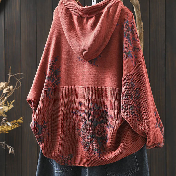Buddha Stones Damen Strickpullover mit Blumenmuster, Baumwolle, Langarm, Kapuze - image 5