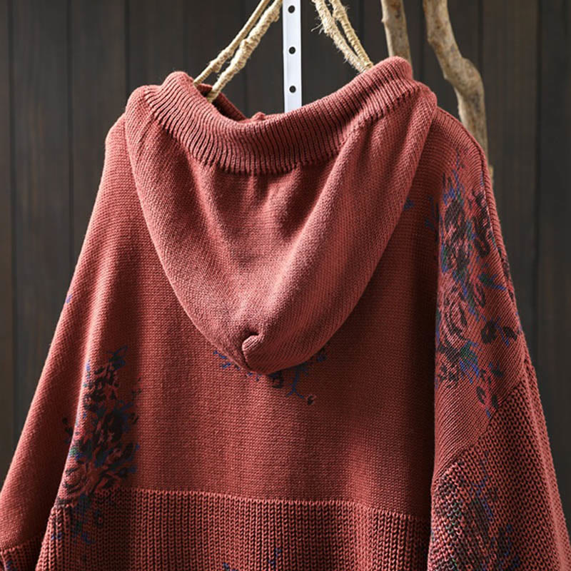 Buddha Stones Damen Strickpullover mit Blumenmuster, Baumwolle, Langarm, Kapuze - image 7