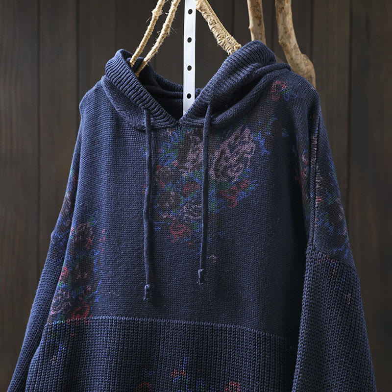 Buddha Stones Damen Strickpullover mit Blumenmuster, Baumwolle, Langarm, Kapuze - image 21