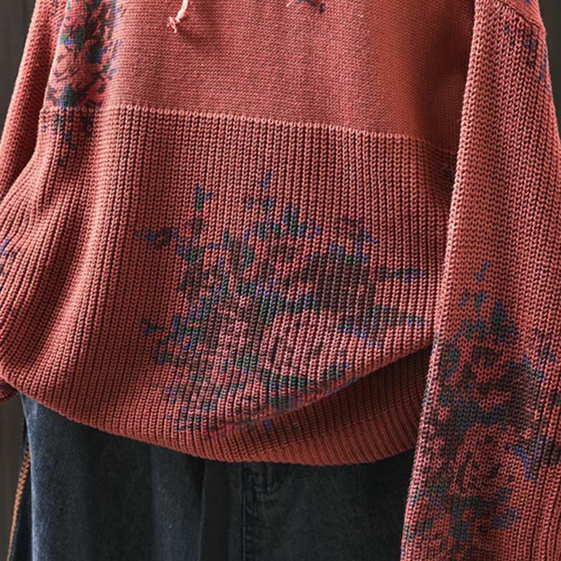 Buddha Stones Damen Strickpullover mit Blumenmuster, Baumwolle, Langarm, Kapuze - image 8