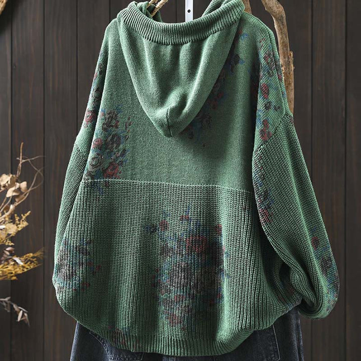 Buddha Stones Damen Strickpullover mit Blumenmuster, Baumwolle, Langarm, Kapuze - image 13