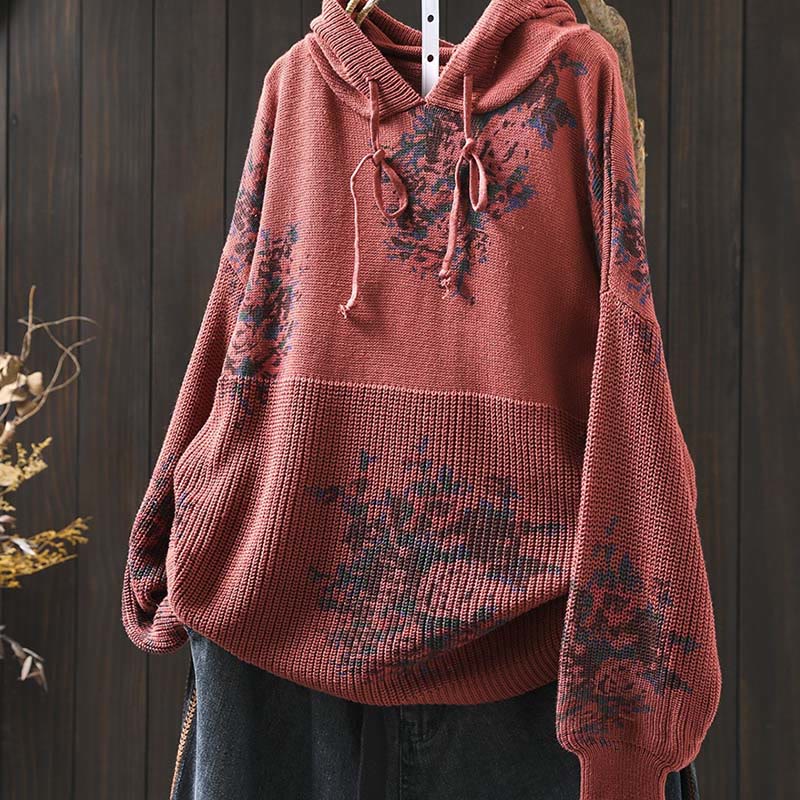 Buddha Stones Damen Strickpullover mit Blumenmuster, langen Ärmeln und Kapuze - image 4