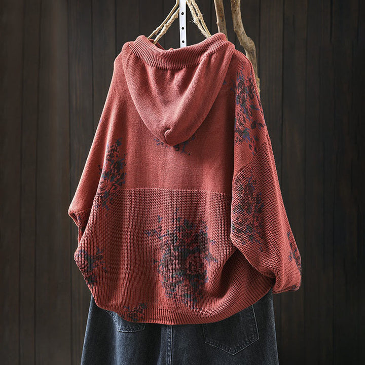 Buddha Stones Damen Strickpullover mit Blumenmuster, langen Ärmeln und Kapuze - image 3