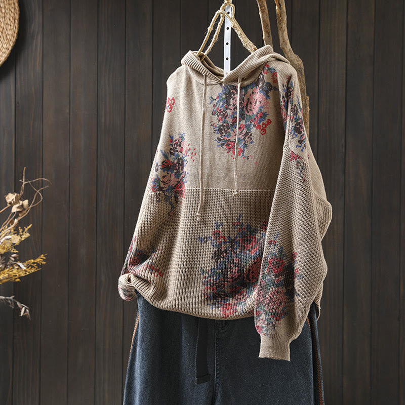 Buddha Stones Damen Strickpullover mit Blumenmuster, Baumwolle, Langarm, Kapuze - BurlyWood - US4-6, UK/AU8-10, EU36-38 (F) - image 0