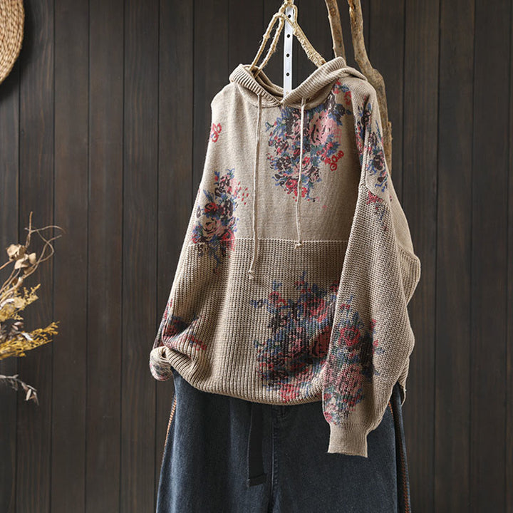 Buddha Stones Damen Strickpullover mit Blumenmuster, Baumwolle, Langarm, Kapuze - BurlyWood - US4-6, UK/AU8-10, EU36-38 (F) - image 0