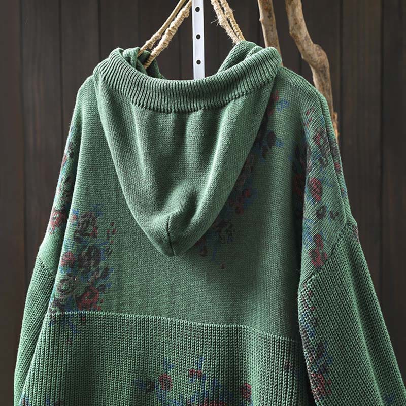 Buddha Stones Damen Strickpullover mit Blumenmuster, Baumwolle, Langarm, Kapuze - image 15