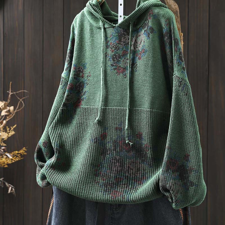 Buddha Stones Damen Strickpullover mit Blumenmuster, Baumwolle, Langarm, Kapuze - image 12