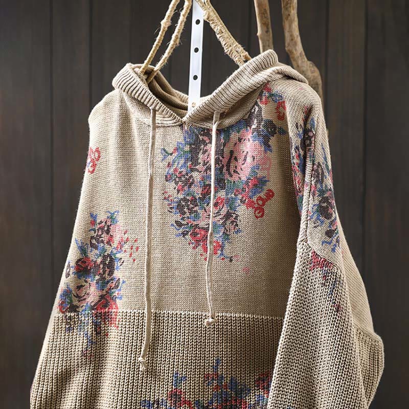 Buddha Stones Damen Strickpullover mit Blumenmuster, Baumwolle, Langarm, Kapuze - image 1