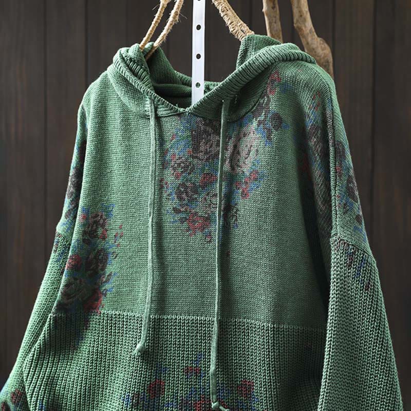 Buddha Stones Damen Strickpullover mit Blumenmuster, Baumwolle, Langarm, Kapuze - image 14